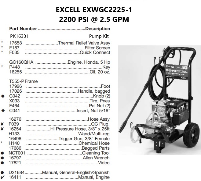 EX-CELL model EXWGC2225-1 power washer parts